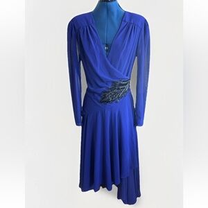 Vintage 80s Casadei Blue Long Sleeve Beaded Sequin Waist Fit Flair Midi Dress 10